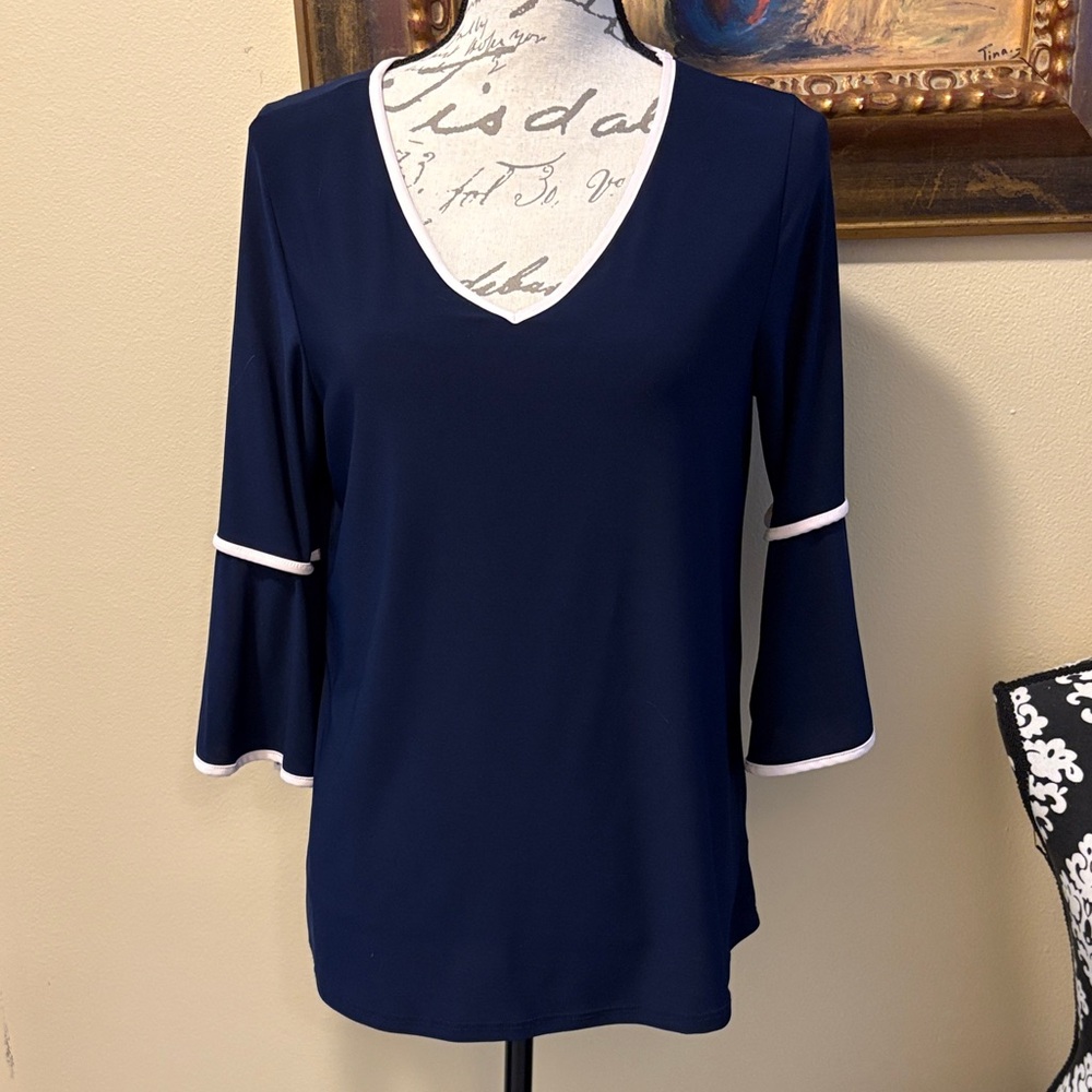 Faith and Joy Navy Blue Bell Sleeve Blouse - Picture 1 of 10